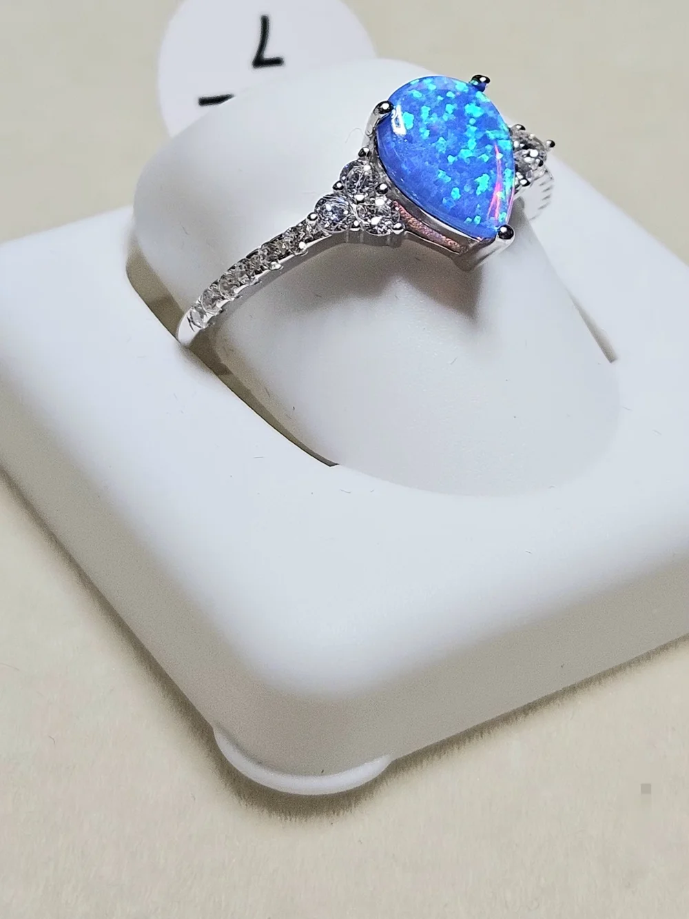 NWT 925 Sterling Silver Teardrop Blue Lab Opal & CZ Accent Ring